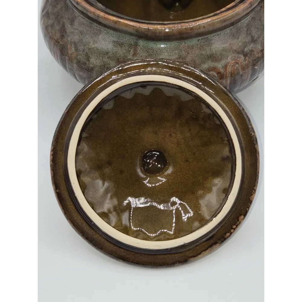 Vintage Studio Pottery Lidded Bowl Covered‎ Dish on Feet Brown Green Glaze 7